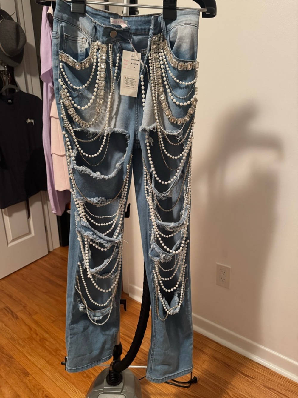 Hot & Delicious Light Blue Denim Jeans with Pearl & Crystal Chains